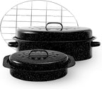 Enamel Roasting Pan With Lid and Rack 13" 18"Granite Roaster Pans Set With Rack Suitable Cooking Poultry Baking Turkey Bread Beef High Temperature Resistance,Dishwasher Safe,Holiday Gifts CookWare