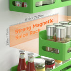 Sevenblue 4 Pack Strong Magnetic Spice Rack for Refrigerator, Multipurpose Magnetic Shelf for Fridge with 4 Hooks for kitchen and Bathroom Organization, Green