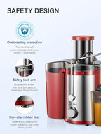 Juicer Machine, 800W Centrifugal Juicer Extractor with Wide Mouth 3” Feed Chute for Fruit Vegetable, Easy to Clean, Stainless Steel, BPA-free (Red)
