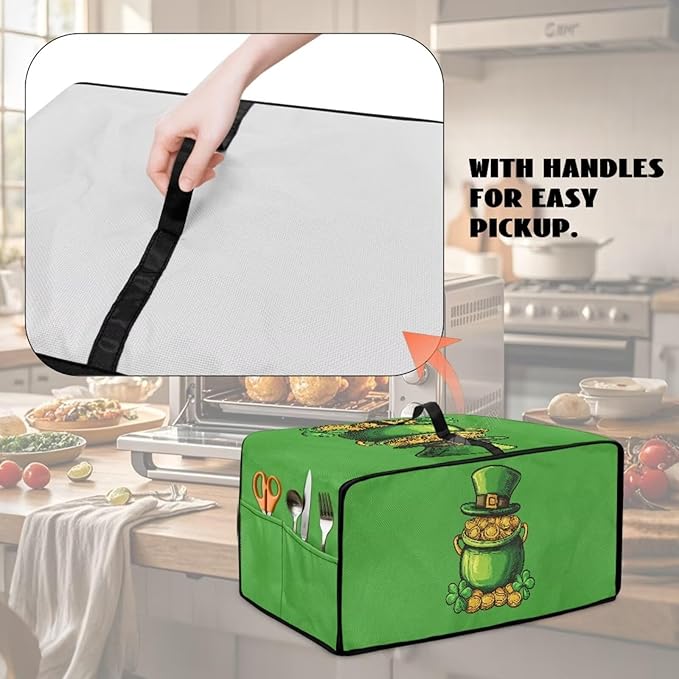 Clover Top Hat Gold Lucky Coin Print Toaster Oven Cover for St. Patrick's Day Decor, Microwave Cover for Kitchen Countertop Appliance Dust Protector Decorative Oven Accessories, Green, M