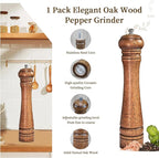 1 Pack - 10 Inch tall Wooden Pepper Mill or Salt Mill Elegan Pepper Grinder Wood with a Adjustable Ceramic Rotor and Easily Refillable - Oak Wood Salt Grinder for Your Kitchen