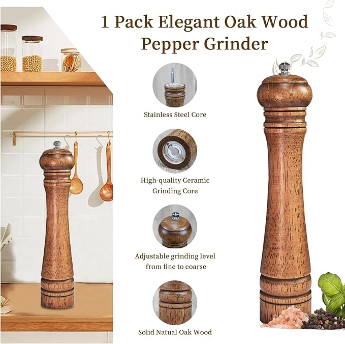 1 Pack - 10 Inch tall Wooden Pepper Mill or Salt Mill Elegan Pepper Grinder Wood with a Adjustable Ceramic Rotor and Easily Refillable - Oak Wood Salt Grinder for Your Kitchen