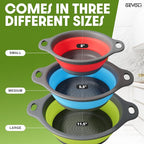 Gevoli Collapsible Colanders with Self-Draining Base for Edge of Sink, Food Strainers (Small/Med/Large), Nested Design for Easy Storage (Red, Blue, Green) (4PC Set)
