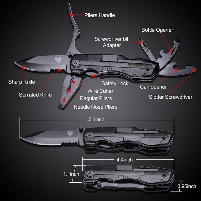 14 in 1 Multitool Pocket Knife for Men, Christmas Stocking Stuffers Gifts for Dad, Husband, Tactical Multi Tool screwdriver set with Nylon Sheath for Survival, Camping