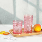 Darlion Pink Glassware Set of 4, Vintage Drinking Glasses, Colored Glassware Drinking, Highball Embossed Beverage Glasses Cup for Party Wedding Home Office and Gift (2pcs12oz+2pcs10oz
