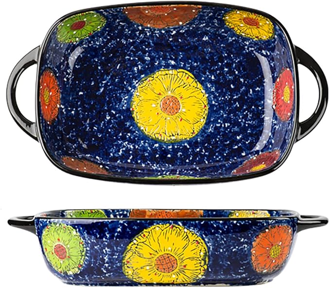Vintage Style Pottery Bakeware Colorful Daisy Pattern Ceramic Casserole Dish Baking Pan Lasagna Pans Baking Dish with Handles from Oven to Table Plate-1 PCS, 60 OZ