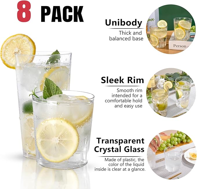 Liacere Drinking Glasses Set of 8, 17 oz Highball Plastic Glasses & 14oz Cocktail Plastic Glasses Set, Kitchen Water Glasses Cup, Bar Tumbler Glassware Set for Beer, Juice, Cocktail, Whiskey, Milk