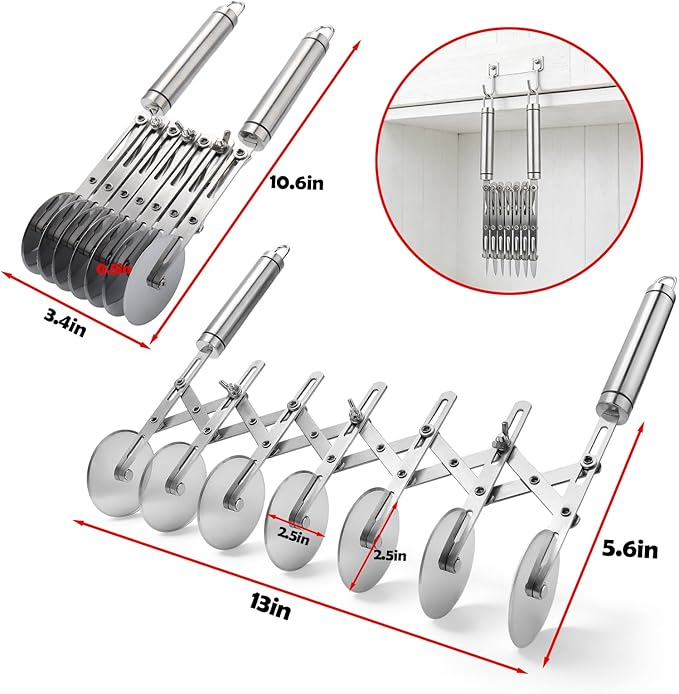 Juome 7 Wheel Pastry Cutter with Handle, Multi-Round Wheel Pasta Dough Cutter Roller Stainless Steel Pizza Slicer Accordion Pastry Knife Divider Tool