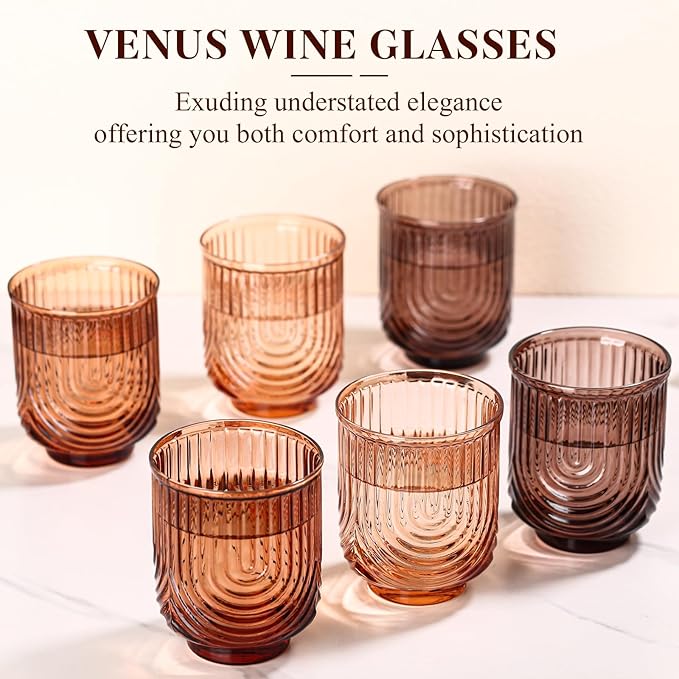 Venus Vintage Drinking Glasses Set of 6-15oz Hand-Blown Highball Ribbed Glassware, Arch Design Cocktail Glasses for Whiskey Water Beverages Ice Coffee Juice Milk