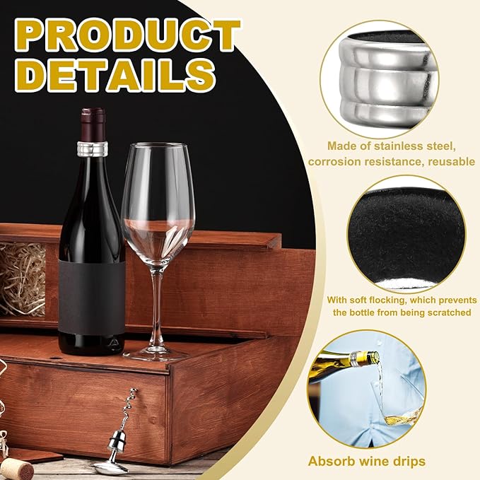PATIKIL 3 Pcs Wine Bottle Collars, Stainless Steel & Velvet Felt Bottle Drip Ring Anti-overflow Wine Drip Catcher Accessories for Kitchen Bar Party Beverage, Black (Regular)