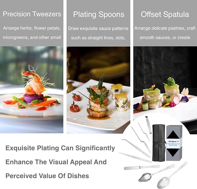 Chef Plating Tools,Professional Culinary Plating Tool Set,Chef Garnish Tools Kit,Fish Tweezers,Pastry Spatula,Cake Decorating Tweezers for Molecular Gastronomy (Silver)