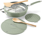 Tramontina Vue All-in-One Plus Pan Set, 5-Quart Ceramic Non Stick Cooking Pan with Glass Lid, Steamer Insert, Beechwood Utensils, Splatter Screen, Pot Holder, Green
