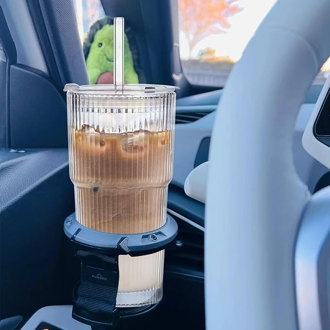 INSETLAN 20 oz Ribbed Glass Tumblers with Lids and Glass Straws – 4-Piece Glassware Set, Thickened Wall, Ideal for Iced Coffee, Smoothies, Cocktails, and Juices – Elegant and Durable Drinkware