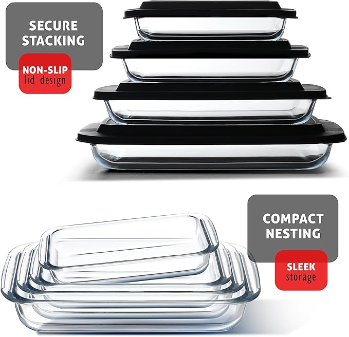EATEX 8-Piece Deep Glass Casserole Dishes for Oven with Plastic Lids, Glass Baking Dishes for Oven, Rectangular Bakeware for Lasagna, Cooking, Leftovers, Kitchen, Freezer to Oven Dishwasher Safe