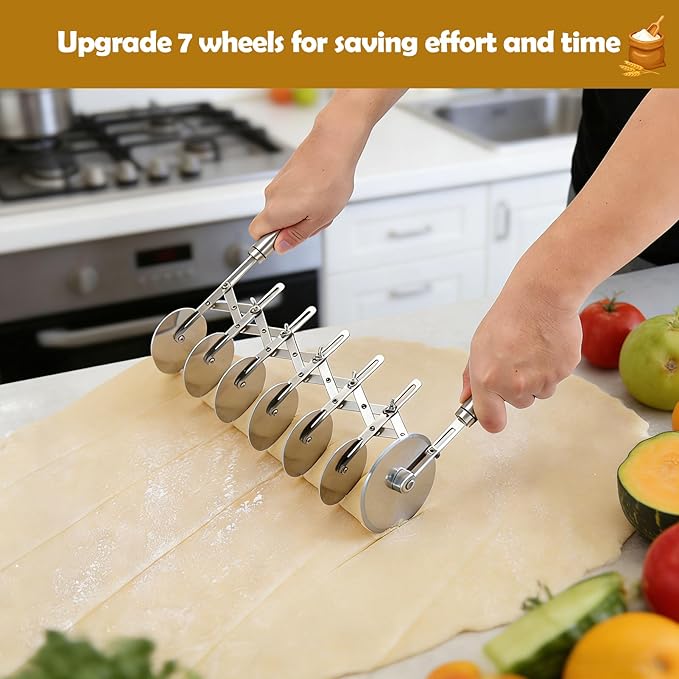 Juome 7 Wheel Pastry Cutter with Handle, Multi-Round Wheel Pasta Dough Cutter Roller Stainless Steel Pizza Slicer Accordion Pastry Knife Divider Tool