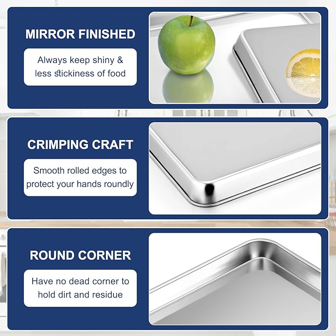 P&P CHEF 10.5 Inch Baking Cookie Sheet, Oven Pan Tray Stainless Steel Sheet Pan for Kitchen, Oven Bakeware for Multi Uses, Shiny Look & Dishwasher Safe, Healthy & Heavy Duty, 2Pcs