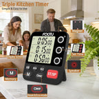 FCXJTU Digital Dual Triple Kitchen Timer, 3-Channel Magnetic Countdown Timer for Cooking, Large Display Stopwatch Multi Food Classroom Timer Loud Alarm for Seniors Teachers Battery Included (Black)