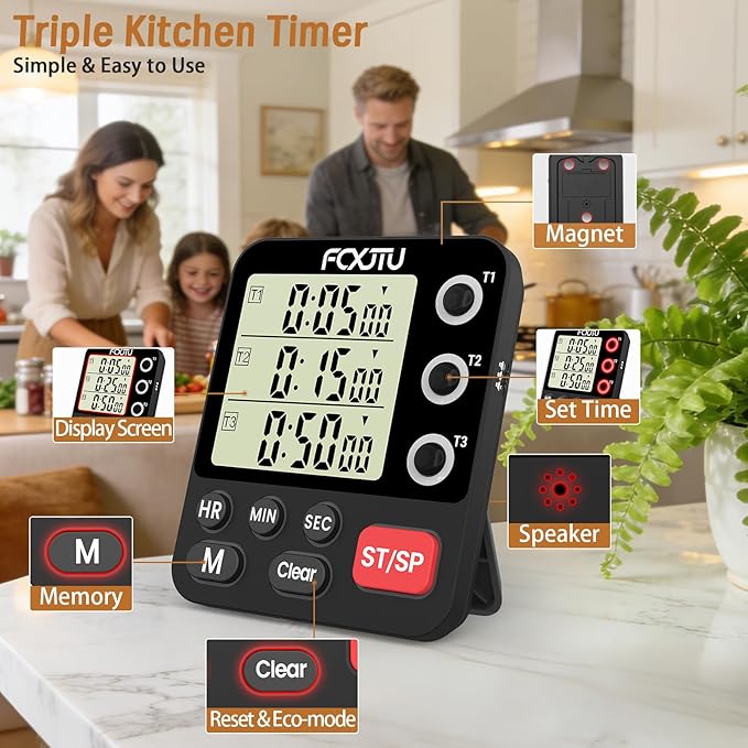 FCXJTU Digital Dual Triple Kitchen Timer, 3-Channel Magnetic Countdown Timer for Cooking, Large Display Stopwatch Multi Food Classroom Timer Loud Alarm for Seniors Teachers Battery Included (Black)