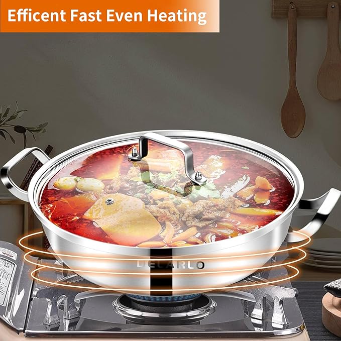 Delarlo Tri-Ply Stainless Steel 13 inch Everyday Pan with Glass Lid, Deep Saute Pan, High Side Kitchen Cooking Pot, Chef's Pans, Induction Deep Frying Pan, 5QT Stock Pot, Up to 550℉