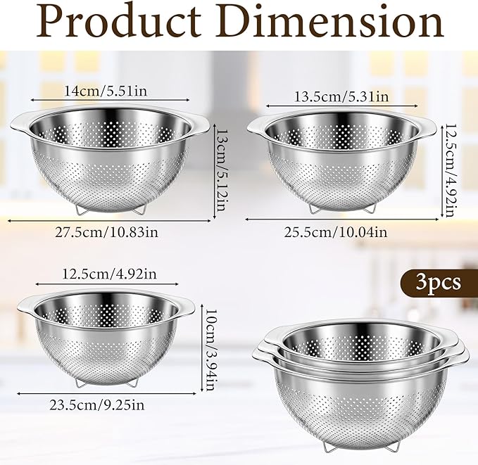 3 Pcs Stainless Steel Colander Strainer Set, Stainless Steel Strainer, Kitchen Gadget Food-Strainer Basket with Handle, Strainers and Colanders, Pasta-Strainer for Vegetable Cooking(2QT, 3QT, 5QT)