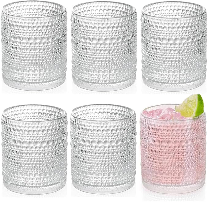 Hobnail Drinking Glasses set of 6 (13 oz), Vintage Glasses Drinking Set Cocktail Glasses, Embossed Glass Cup for Kitchen, Tumbler Glassware Set for Beer, Juice, Cocktail, Whiskey and Milk