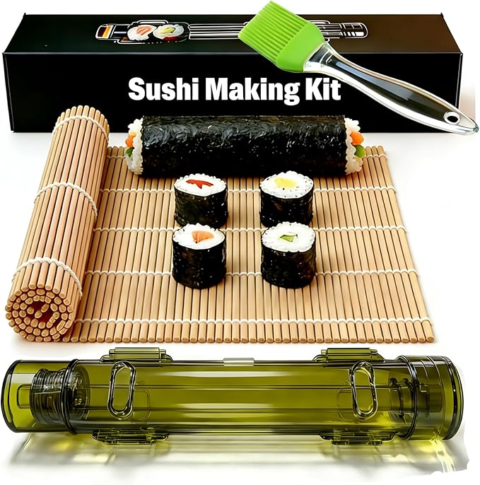 Sushi Making Kit – Clear Sushi Bazooka Roller & Bamboo Sushi Rolling Mat, Easy DIY Sushi Maker Tool Set for Beginners, Homemade Sushi Rolls for Kitchen & Party (Clear Green)