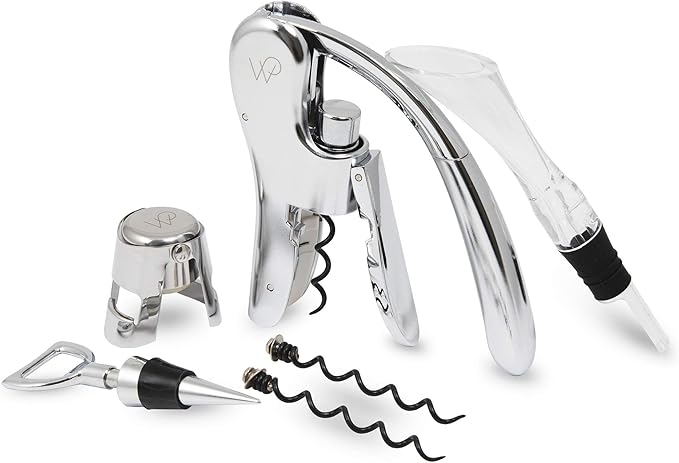 Wolfgang Puck 6-Piece Wine Tool Set with Wine Opener, Aerator, Wine Stopper, and Champagne Recorker, 2 Replacement Corkscrews, Chrome Finish, Arrives in Gift Box