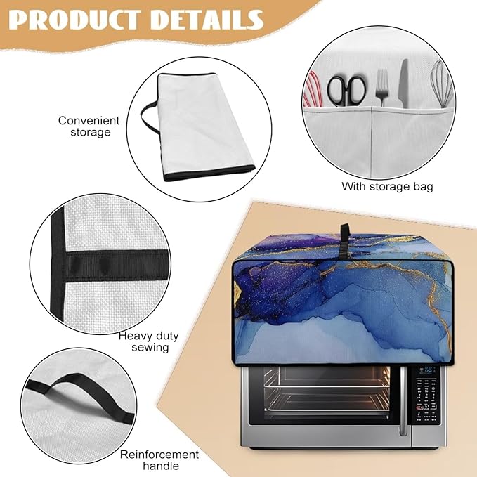 Marble Print Toaster Oven Dust Cover, Heavy Duty Heat-Resistant Cover for Kitchen Counter Small Appliances, with Accessory Pockets, Blue Violet Gold, (Small-14.5*18.46*9 inches)
