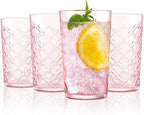 Drinking Highball Glasses Set of 4, Vintage Cross Hatch Glass Cups, 15.5oz Tall Drinking Water Glasses, Dishwasher Safe Pink Glass Tumbler Glassware for Water, Juice, Cocktail, Coffee, Whiskey