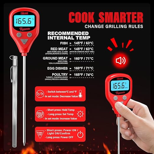 AWLKIM Rechargeable Digital Meat Thermometer with 3.3ft External Probe, Warning Alert, Instant Read Food Thermometer for Cooking Baking Water BBQ Oil Fry, Waterproof IP67, Hold Function, Oven Safe