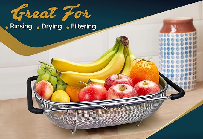Over the Sink Colander for Kitchen - 6 Quart Over the Sink Strainer Basket with Extendable Ergonomic Handles and Resting Feet - Multipurpose Fine Mesh Strainer for Kitchen