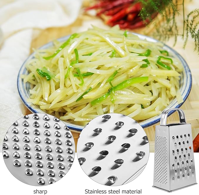 Hemoton Stainless Steel 4-Sided Kitchen Grater Vegetable Slicer and Cheese Shredder with Non-Slip Handle for Efficient Food Prep