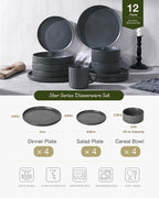 Famiware Star Dinnerware Sets, Plates and Bowls Set for 4, 12 Pieces Ribbed Dishes - Chip and Scratch Resistant, Microwave and Dishwasher Safe Tableware, Matte Dark Charcoal