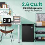 roomwell E-Star 2.6 Cu Ft Mini Fridge without Freezer - Black Mini Fridge AUTO DEFROST, Reversible Single Door, Glass Shelf Refrigerator - A Space-Saving Marvel for Your Bedroom, Dorm, and Office