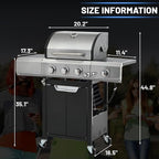 3-Burner Propane Gas BBQ Grill with Side Burner, 40,500 BTU Stainless Steel Gas Grill for Outdoor, Camping, Barbecue Grilling Backyard Cooking (3+1 bumer no cover)