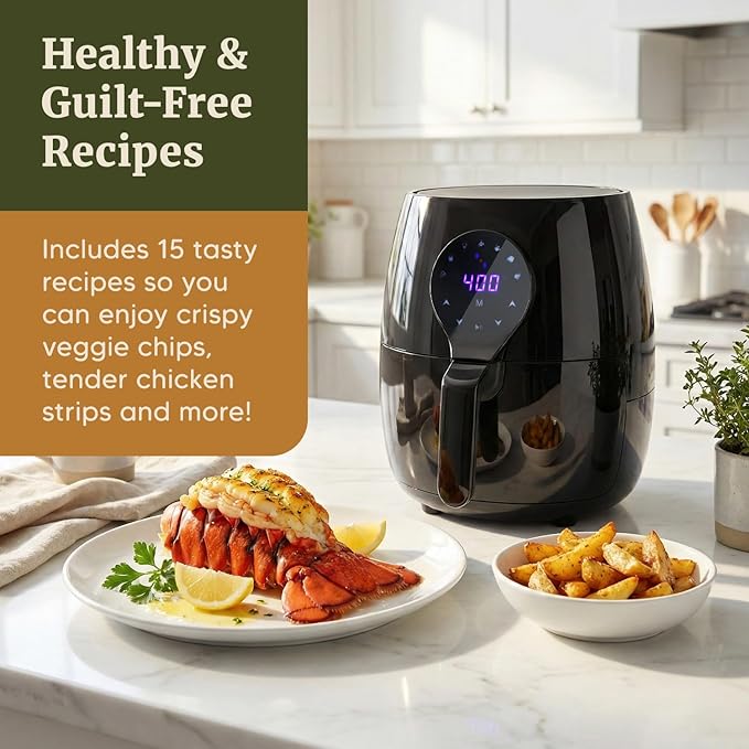 Elite Gourmet EAF5317D Digital 5.3Qt Hot Air Fryer 7 Menu Functions 1350W Oil-Less Healthy Cooker, Timer & Temperature Controls, PFOA/PTFE Free, Black