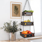 J JACKCUBE DESIGN 3-Tier Rustic Wood Hanging Fruit Basket, Kitchen Fruit, Vegetable Storage Organizer, Countertop Space Saver- Heavy Duty Metal Hooks- MK1008A