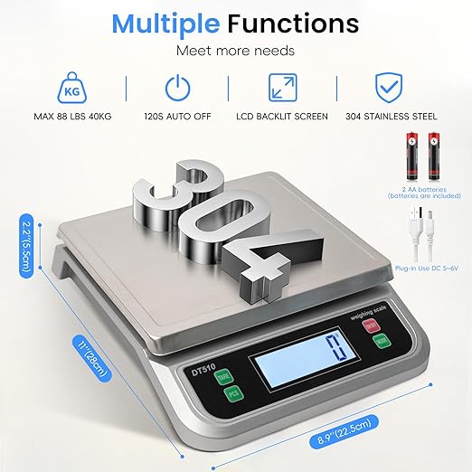 88lb/40kg Food Scale with 6 Unit Stainless Steel Commercial Kitchen Scale, with Full View LCD Display Large Kitchen Scale with Tare and Pcs Funtion for Baking, Cooking, Flour, Fruits Silver