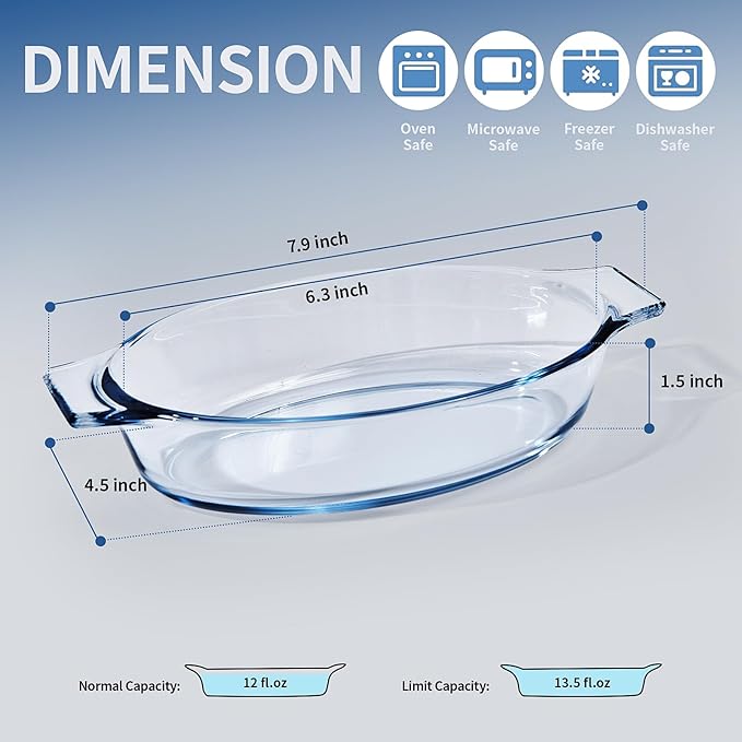 Mini Casserole Dish Oval 2 Pack, 13oz Glass Baking Dish, Banana Split Bowls, Single Serving, Individual Bakeware Baking Pans for Oven Microwave Air Fryer, Clear Prep Bowls