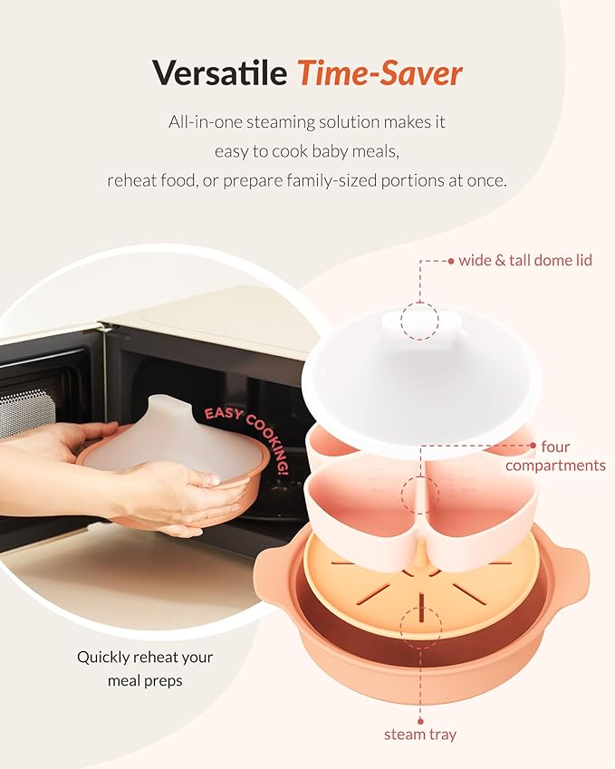 Moyuum Silicone Microwave Divided Steamer | Made in Korea, Baby Food Maker Bowl with 4 Compartment Divider and Steaming Tray, Steam Cooking Pot for Purees and Vegetables, Dishwasher Safe - Mustard