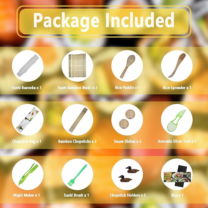 Sushi Making Kit, All-in-One Bazooka Roller Set, with Bamboo Mats, Sushi Bazooka, Avaocado Slicer, Chopsticks, Sauce Dish, Rice Paddle