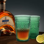 Loivttvv 6pcs Vintage Drinking Glasses Set, 12 oz Atroviens Highball Glasses, Embossed Ribbed Glassware Cups for Cocktail, Water, Juice, Coffee, Whiskey