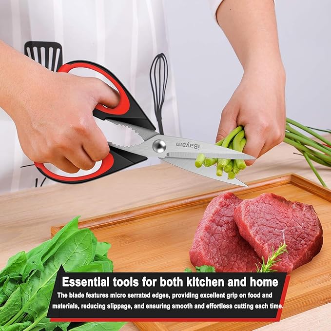 iBayam Kitchen Scissors All Purpose Heavy Duty 2 Pack with Protective Sheath, Stainless Steel Shears Kitchen Utensils Set for Cutting Food Cooking Meat Poultry Dishwasher Safe Soft Comfort-Grip