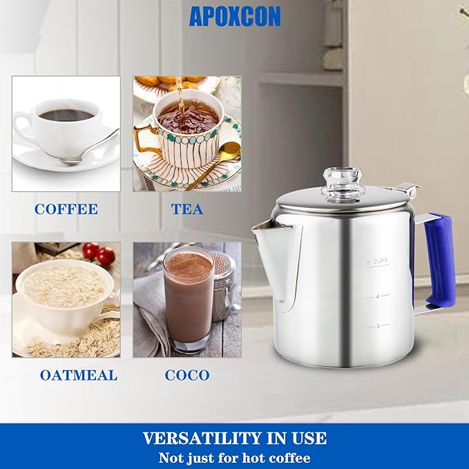 Multi Use Percolator Coffee Pot Stainless Steel Stove Top Coffee Maker with Two Tough Borosilicate Glass Knob Silica Handle Camping Coffee Pot Using on Campfire Stove & Induction Cooker Silver 6 Cup