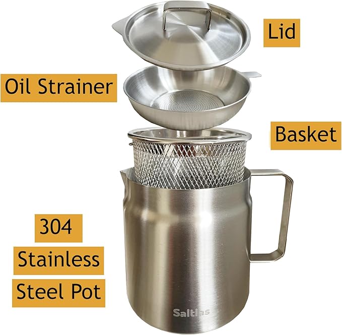 Saltlas 304 Stainless Steel Deep Fryer Pot with Basket and Oil Strainer, Double Bottom for Even Heating, Bacon Grease Container for Kitchen and Camping, Japanese Tempura Fryer, 2L (2Qt/68oz)