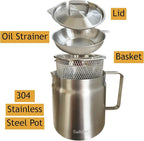 Saltlas 304 Stainless Steel Deep Fryer Pot with Basket and Oil Strainer, Double Bottom for Even Heating, Bacon Grease Container for Kitchen and Camping, Japanese Tempura Fryer, 2L (2Qt/68oz)