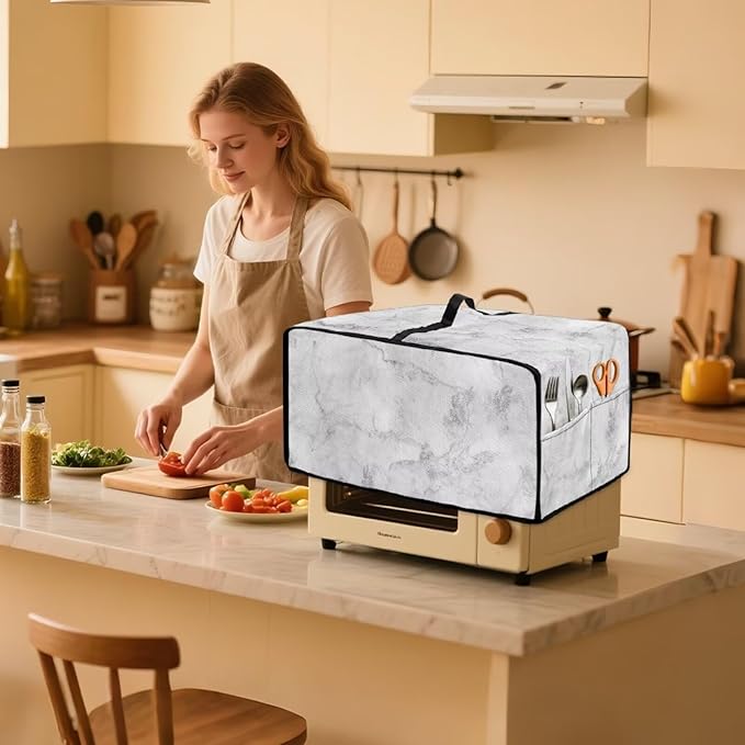Marble Print Toaster Oven Protective Cover for Kitchen Counter, Heat-resistant Dust-proof Microwave Oven Air Fryer Cover with Storage Pockets (Medium-16.1 * 19.71 * 10 inches)