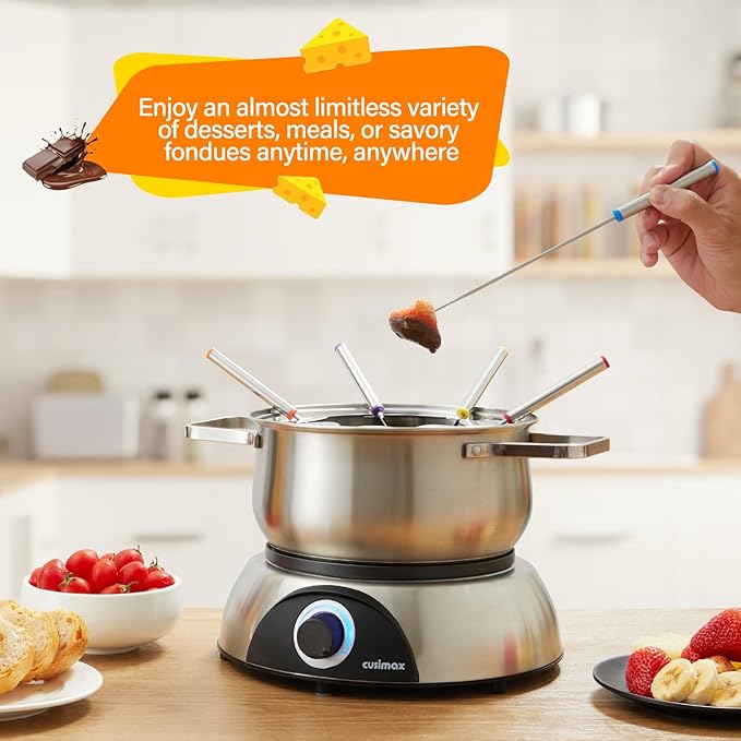 CUSIMAX 1500W Electric Fondue Pot Set, Fondue Pot for Chocolate, Cheese, Broth, Oil, Luminated Control Dial, Fondue Set with 8 Colour Coded Stainless Steel Forks, 1.4-Quart - Stainless Steel