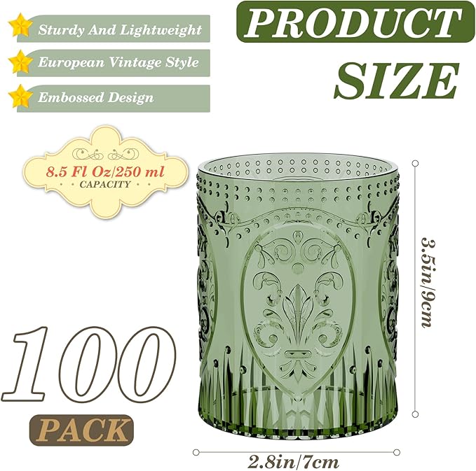Qinyoung 100 Plastic Vintage Drinking Glasses 8.5oz Stemless Retro Embossed Wine Glasses Shatterproof Reusable Cups for Baby Shower Wedding Reception Grand Event Party (Dark Green)