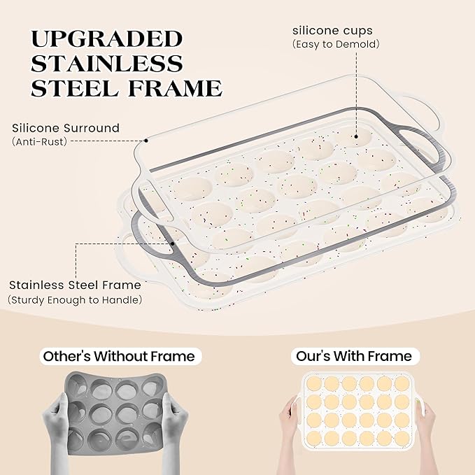 2 Pcs Mini Muffin Pans with Metal Reinforced Frame, 24 Cups Nonstick Silicone Cupcake Tray for Baking, Food Grade Small Muffin Molds with Handles (Cream)